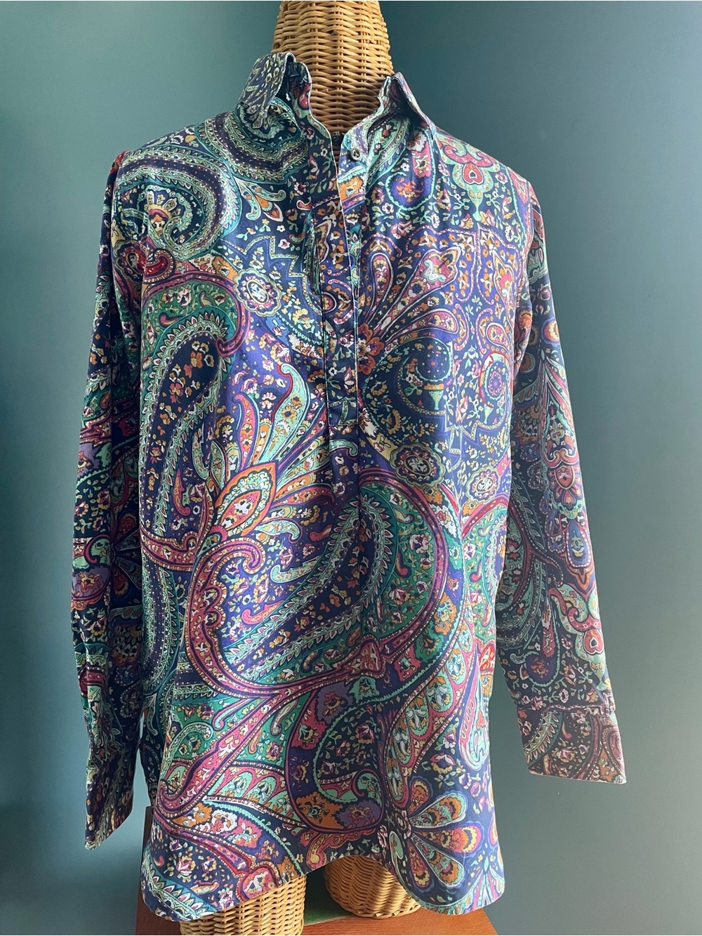 Lands End No Iron 100% Cotton Popover Tunic Multi Colored Paisley Size 10